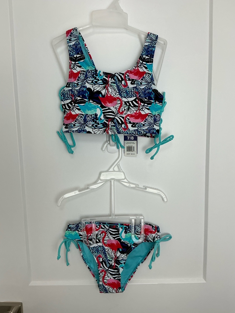 NWT sz 7/8 Vigoss adjustable straps & sides flamingo print two-piece bikini set